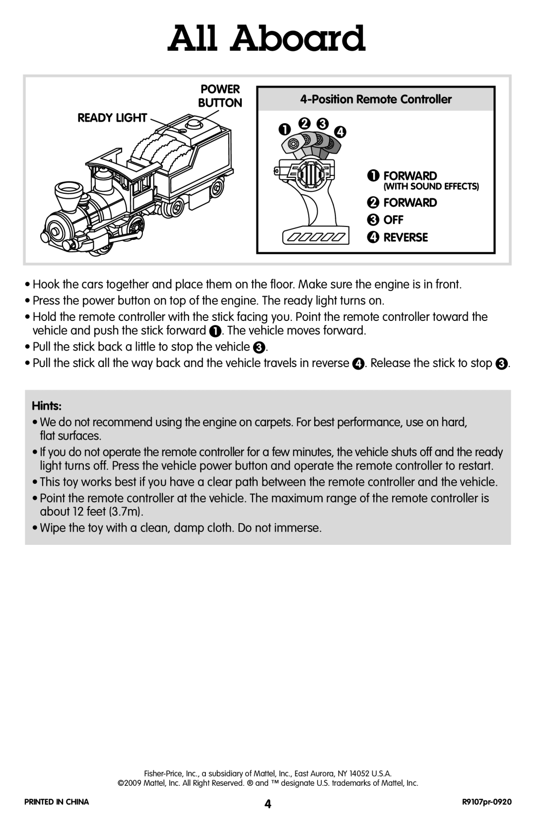 Fisher-Price R9107 instruction sheet All Aboard, Forward, Off, Reverse, Hints 