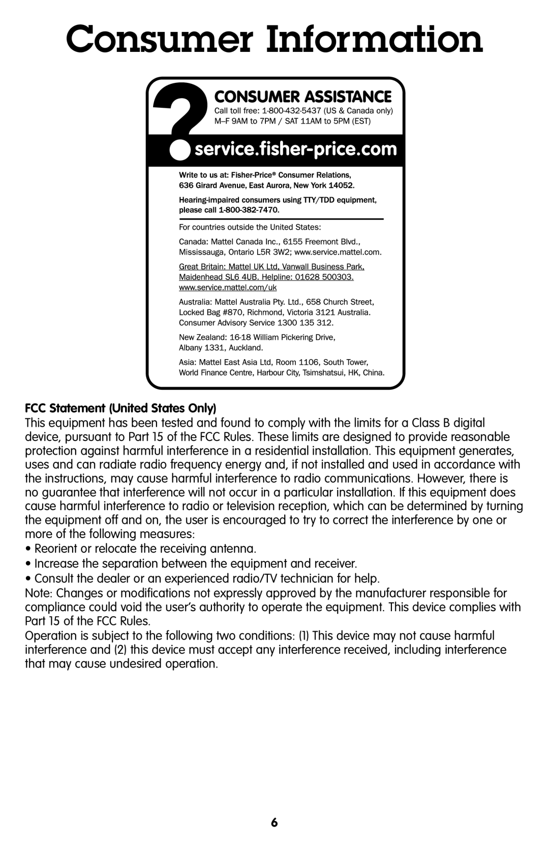 Fisher-Price R9107 instruction sheet Consumer Information, FCC Statement United States Only 