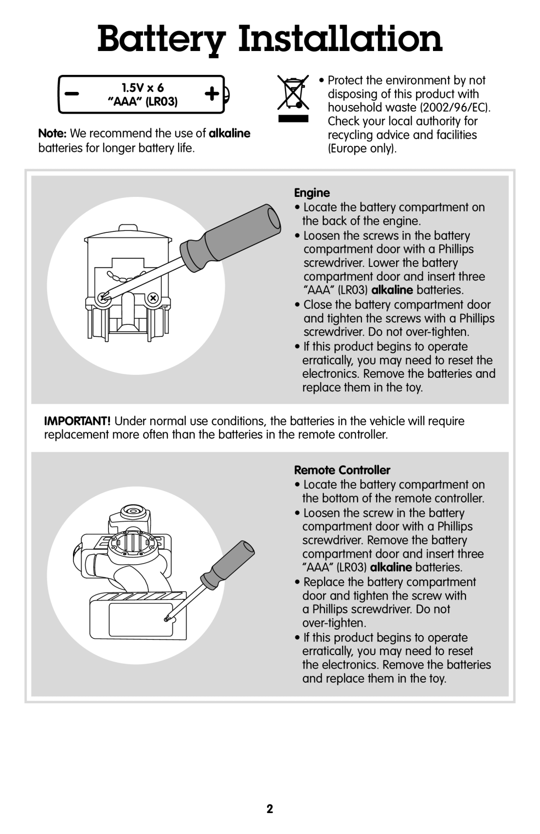 Fisher-Price R9107 instruction sheet Battery Installation, 1.5V x “AAA” LR03, Engine, Remote Controller 