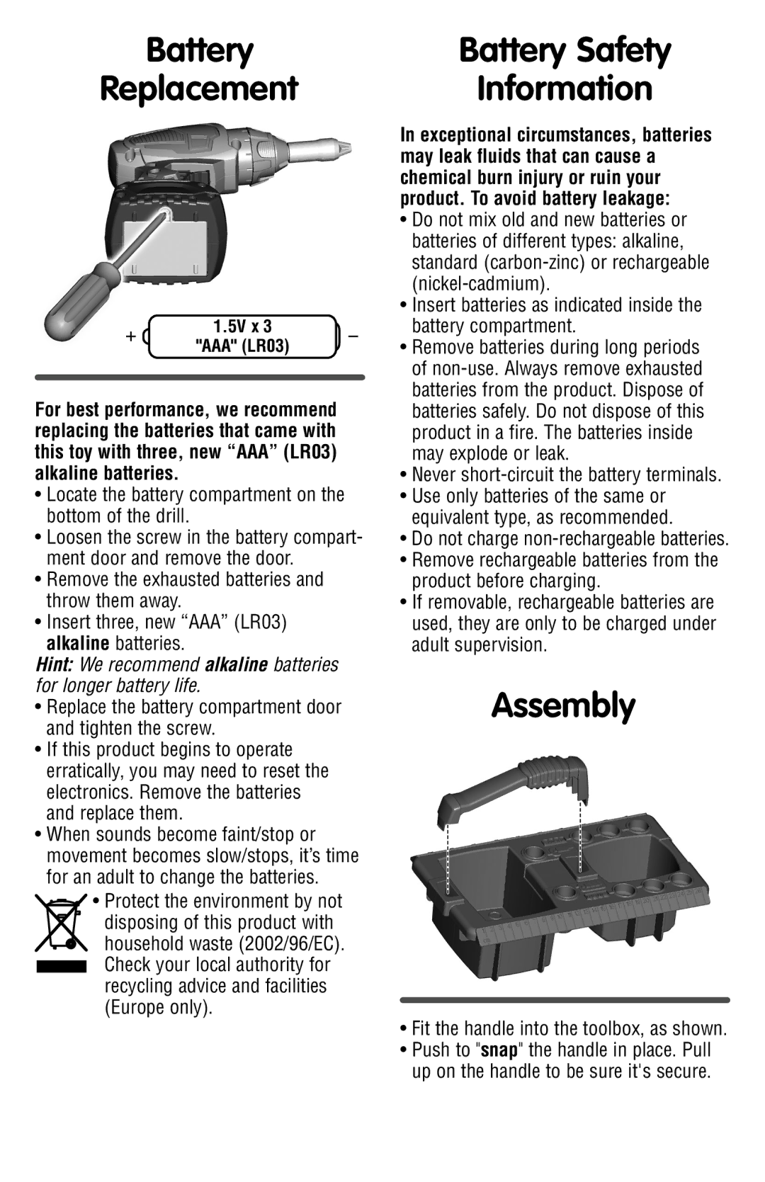 Fisher-Price R9698 manual Assembly, Battery Safety, Replacement Information 