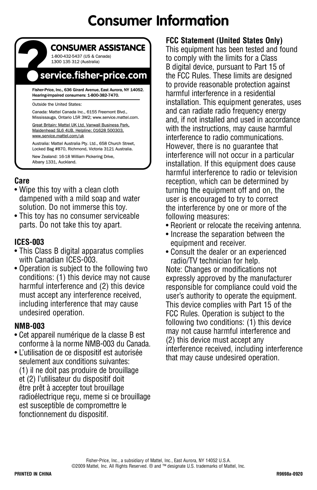 Fisher-Price R9698 manual Consumer Information, Care 