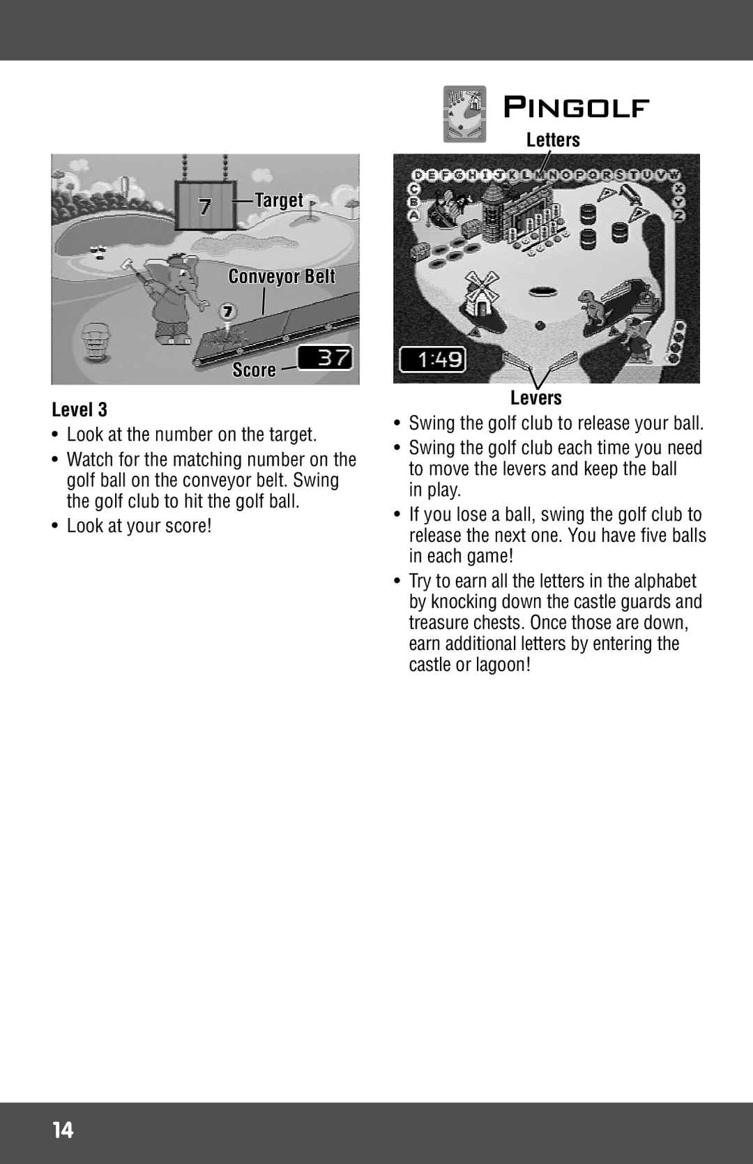 Fisher-Price R9701 manual Pingolf, Look at the number on the target, Letters Levers 