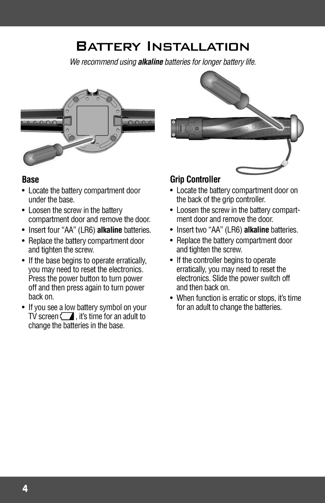 Fisher-Price R9701 manual Battery Installation, Locate the battery compartment door under the base 