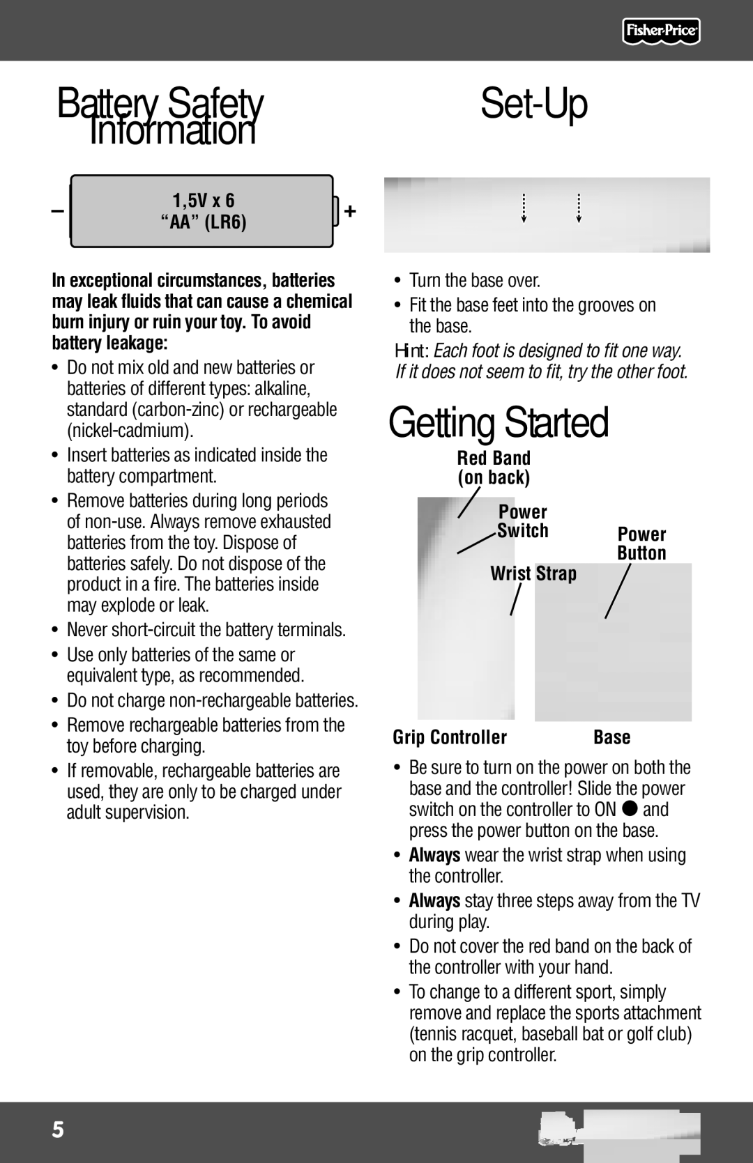 Fisher-Price R9701 manual Battery Safety Information, Set-Up, Getting Started, 5V x AA LR6 