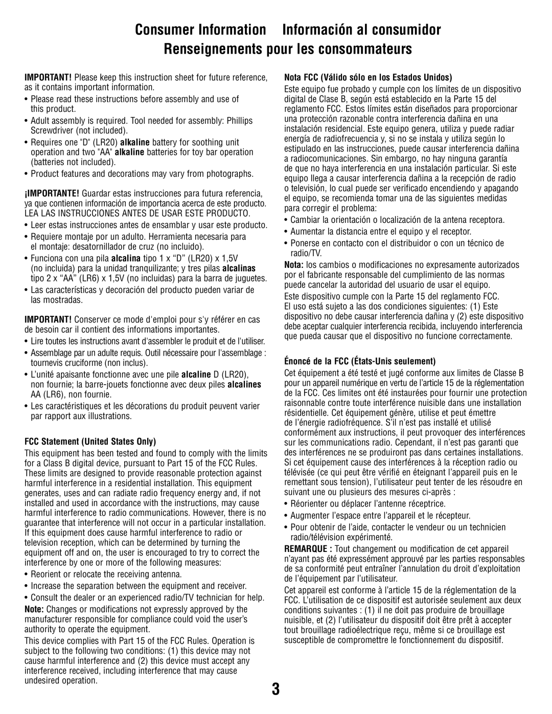 Fisher-Price T1454, R9949 manual FCC Statement United States Only, Nota FCC Válido sólo en los Estados Unidos 