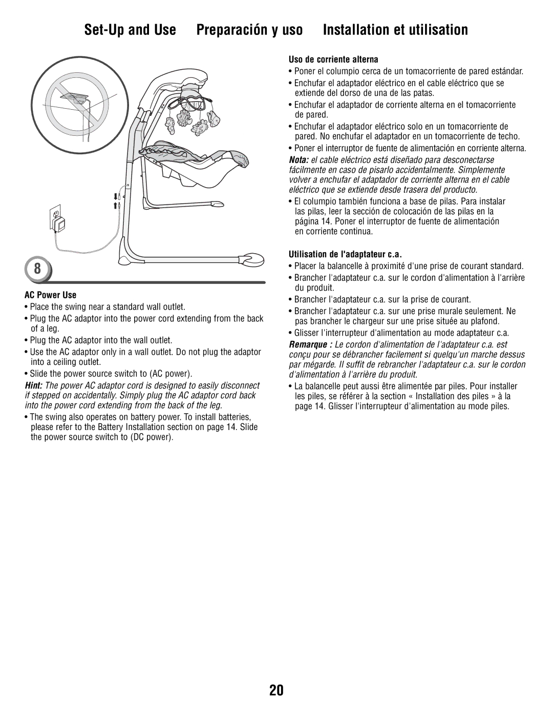 Fisher-Price R9951 manual AC Power Use, Uso de corriente alterna, Utilisation de ladaptateur c.a 