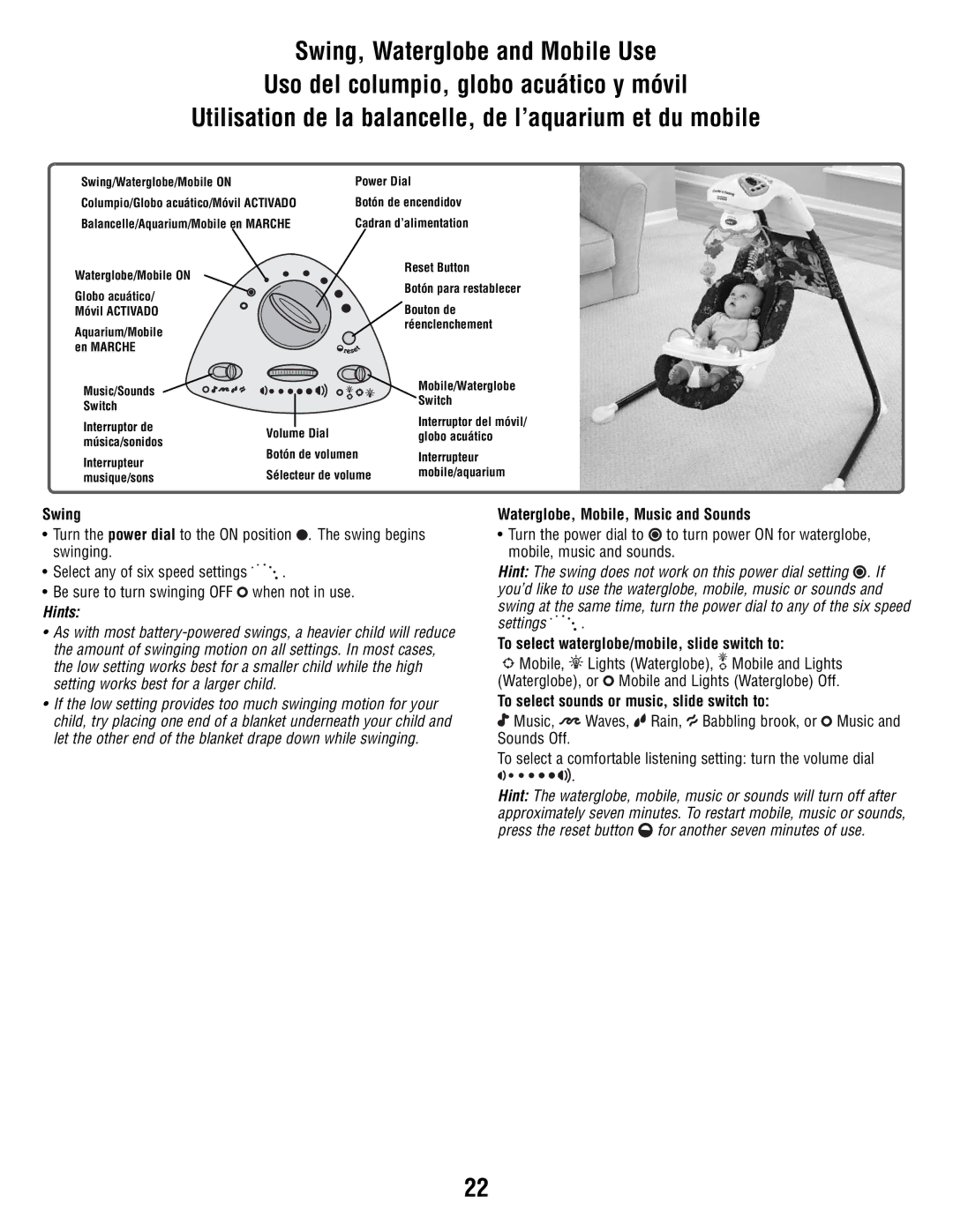 Fisher-Price R9951 manual Swing, Waterglobe, Mobile, Music and Sounds, To select waterglobe/mobile, slide switch to 