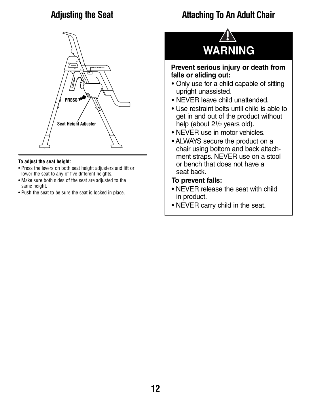 Fisher-Price T0250 manual Adjusting the Seat, Attaching To An Adult Chair 