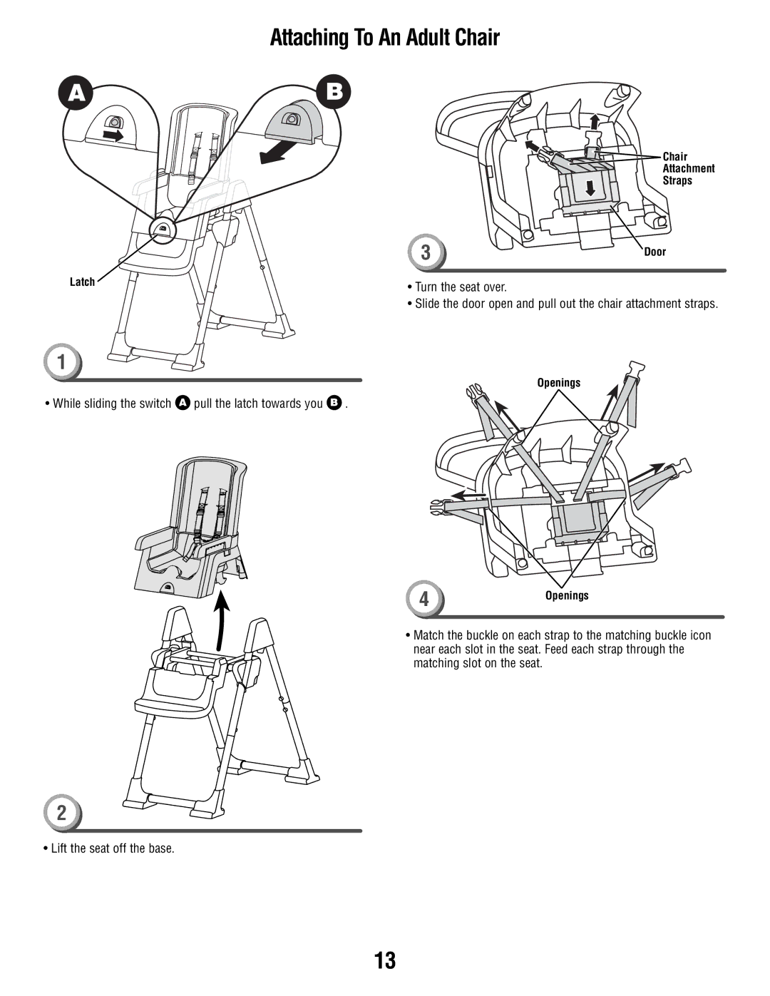 Fisher-Price T0250 manual Slide the door open and pull out the chair attachment straps 