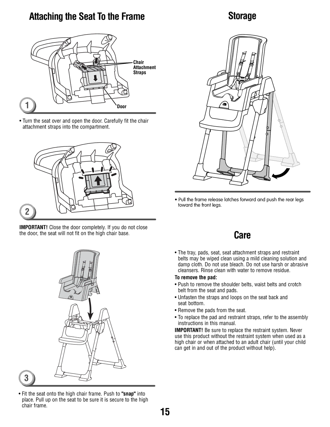 Fisher-Price T0250 manual Attaching the Seat To the Frame, Care 