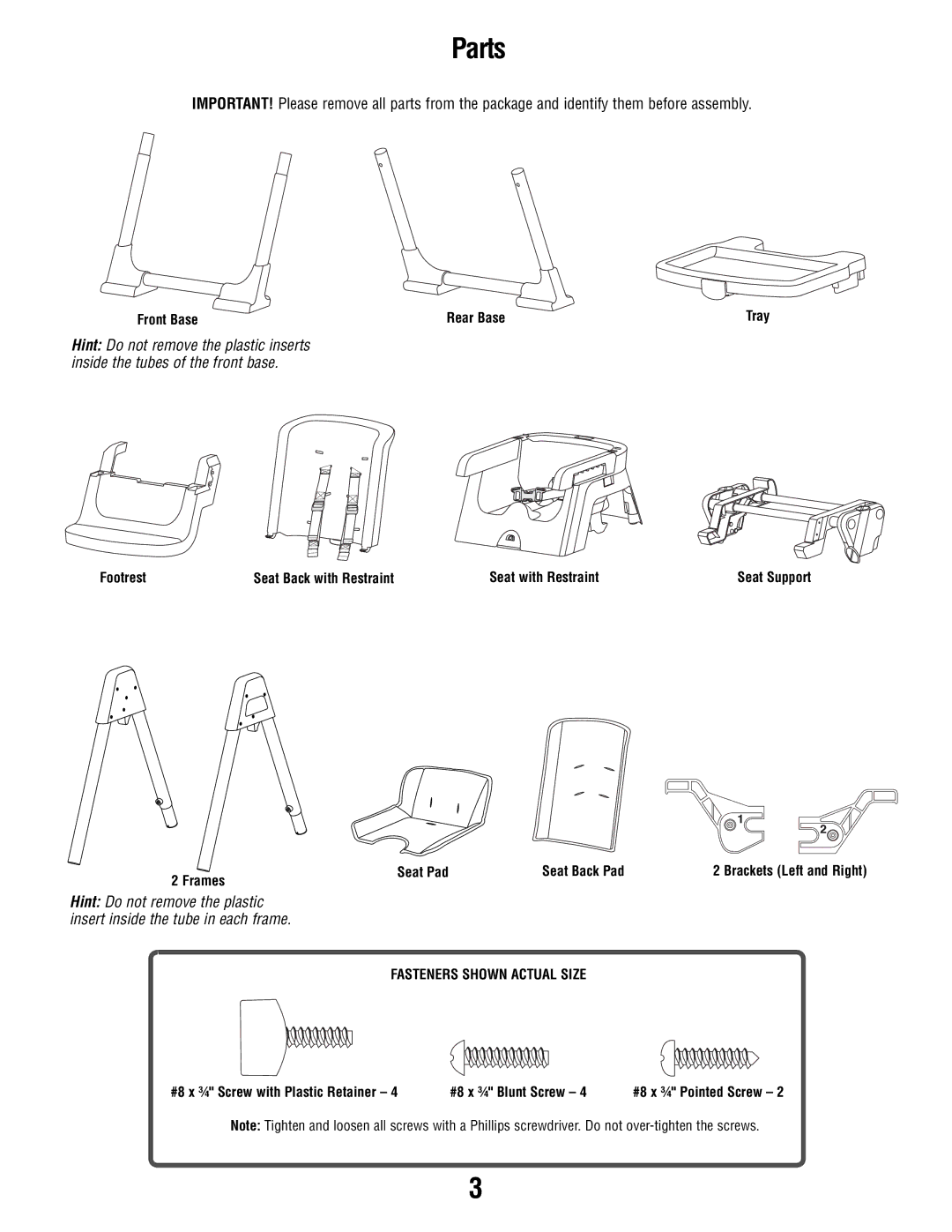 Fisher-Price T0250 manual Parts, Frames Seat Pad Seat Back Pad 