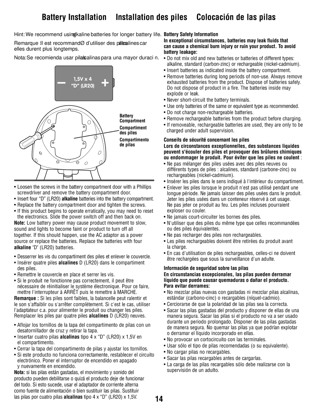 Fisher-Price T1456 manual Nuevamente en encendido, Conseils de sécurité concernant les piles 