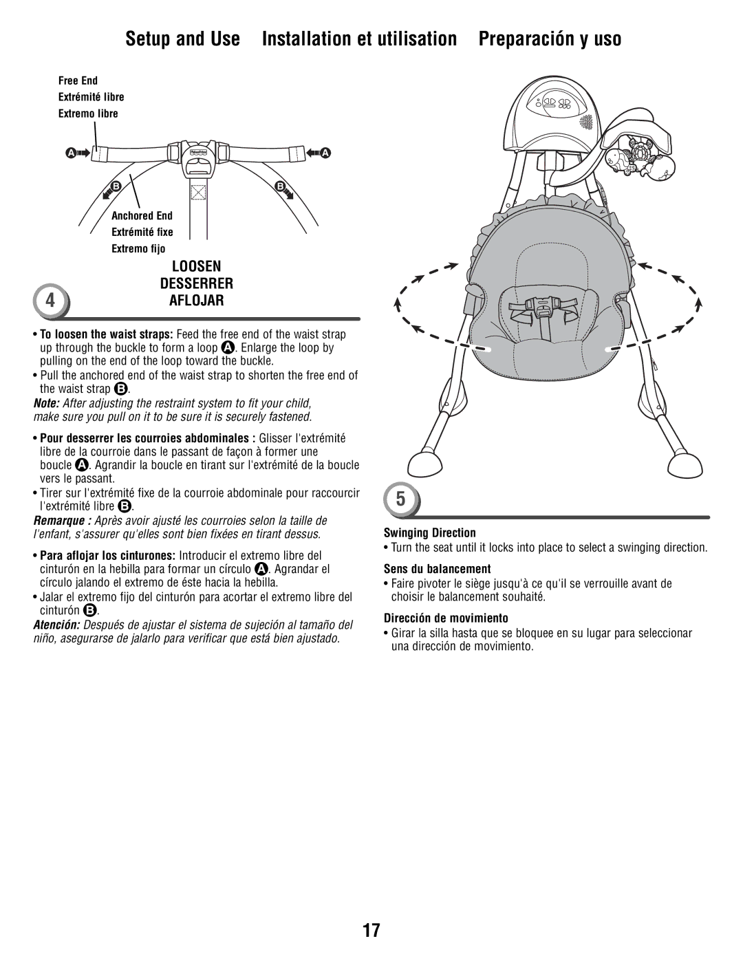 Fisher-Price T1456 manual Swinging Direction, Sens du balancement, Dirección de movimiento 