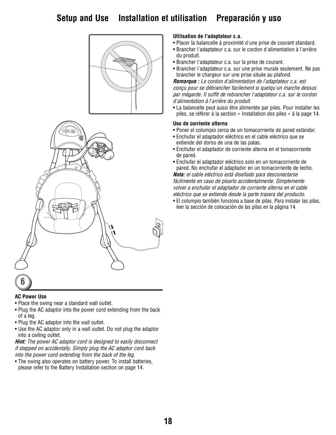 Fisher-Price T1456 manual Utilisation de ladaptateur c.a, Uso de corriente alterna, AC Power Use 