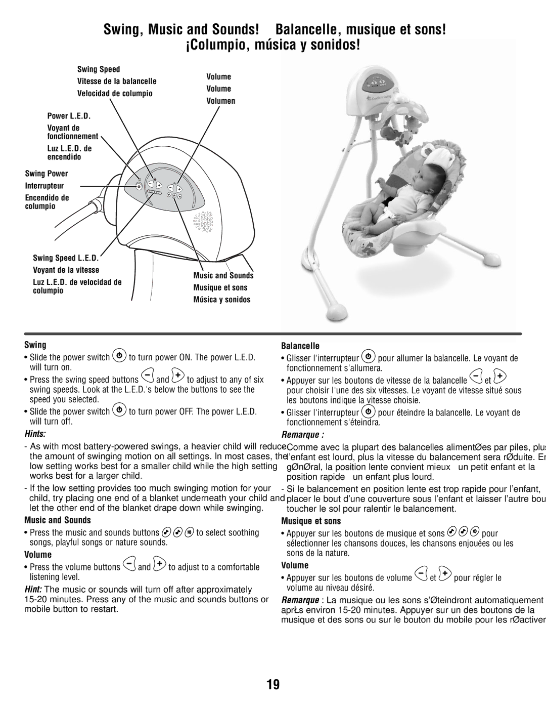 Fisher-Price T1456 manual Swing, Balancelle, Music and Sounds, Volume, Musique et sons 