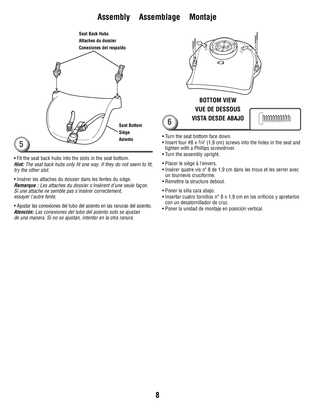 Fisher-Price T1456 manual Fit the seat back hubs into the slots in the seat bottom, Essayer lautre fente 