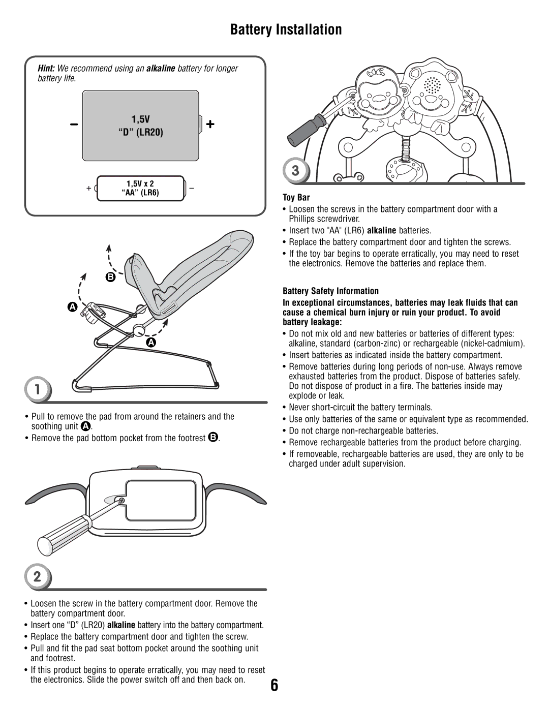 Fisher-Price T1828 manual Battery Installation, LR20, Toy Bar 