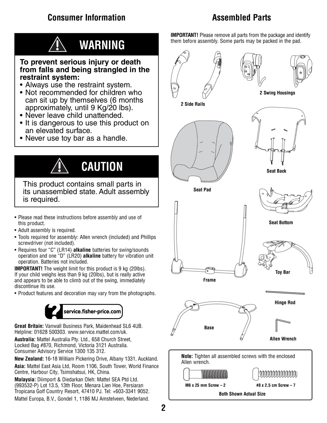 Fisher-Price T2065 manual Consumer Information, Assembled Parts 