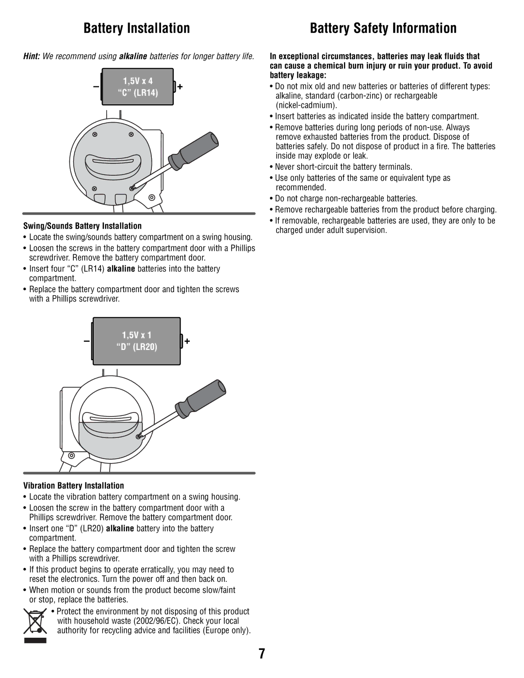 Fisher-Price T2065 manual Battery Safety Information, Swing/Sounds Battery Installation, Vibration Battery Installation 