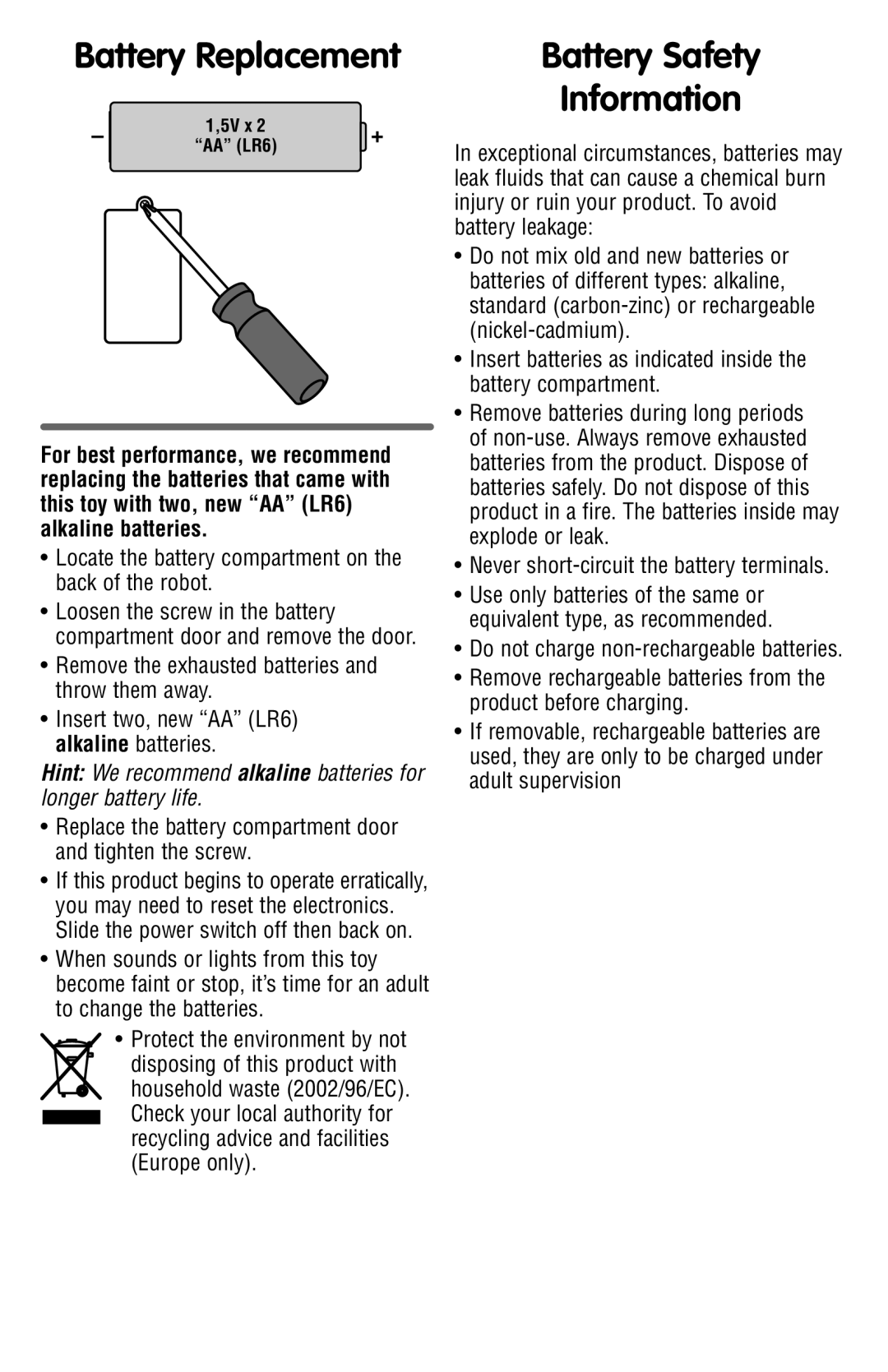 Fisher-Price T2457 instruction sheet Battery Replacement, Battery Safety Information 