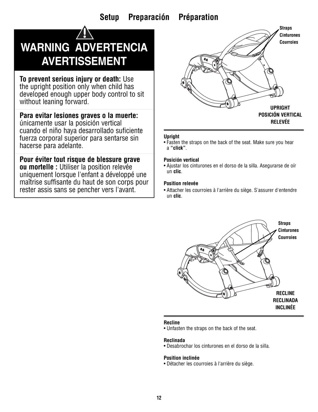 Fisher-Price T2518 manual Setup Preparación Préparation, Upright Posición Vertical Relevée, Recline Reclinada Inclinée 