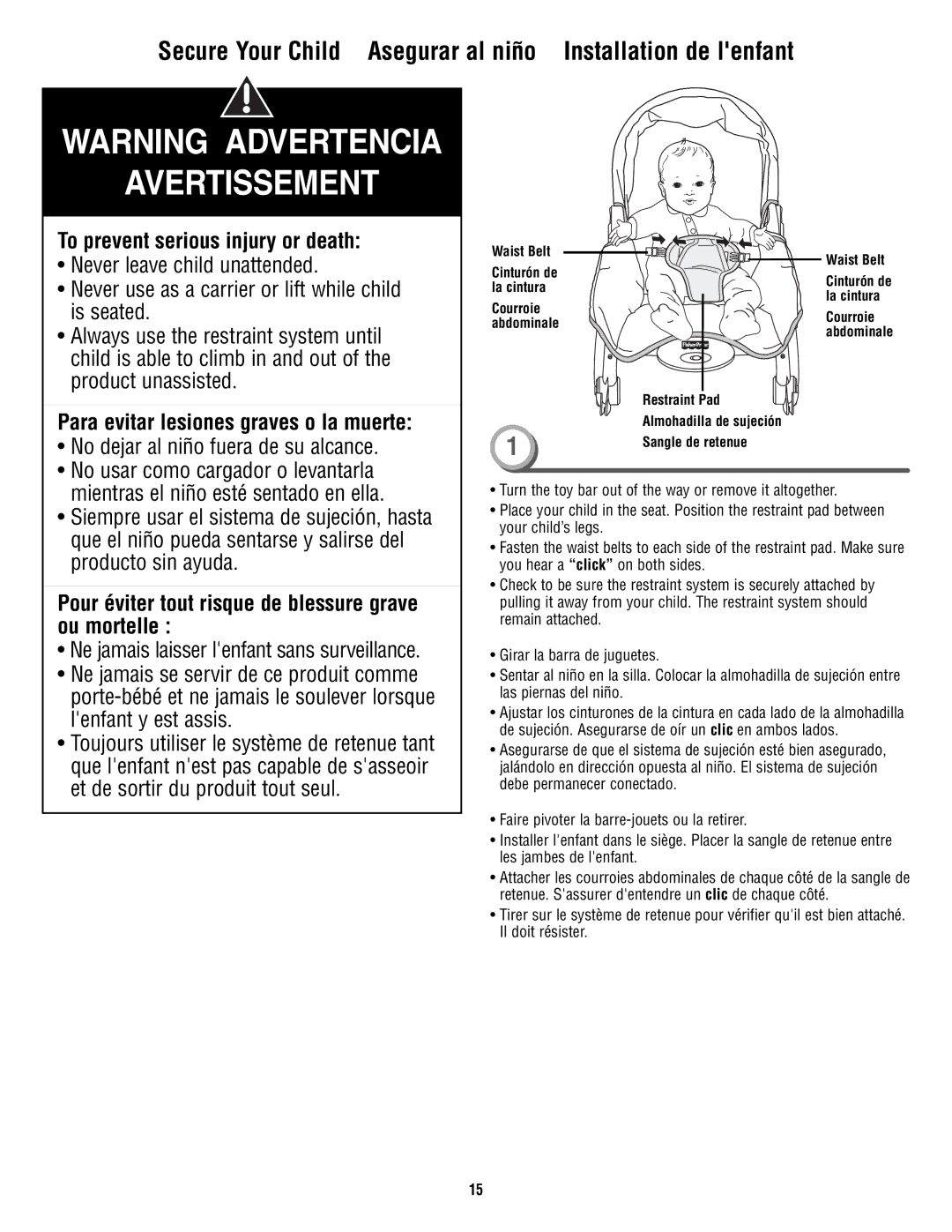 Fisher-Price T2518 manual Secure Your Child Asegurar al niño Installation de lenfant 