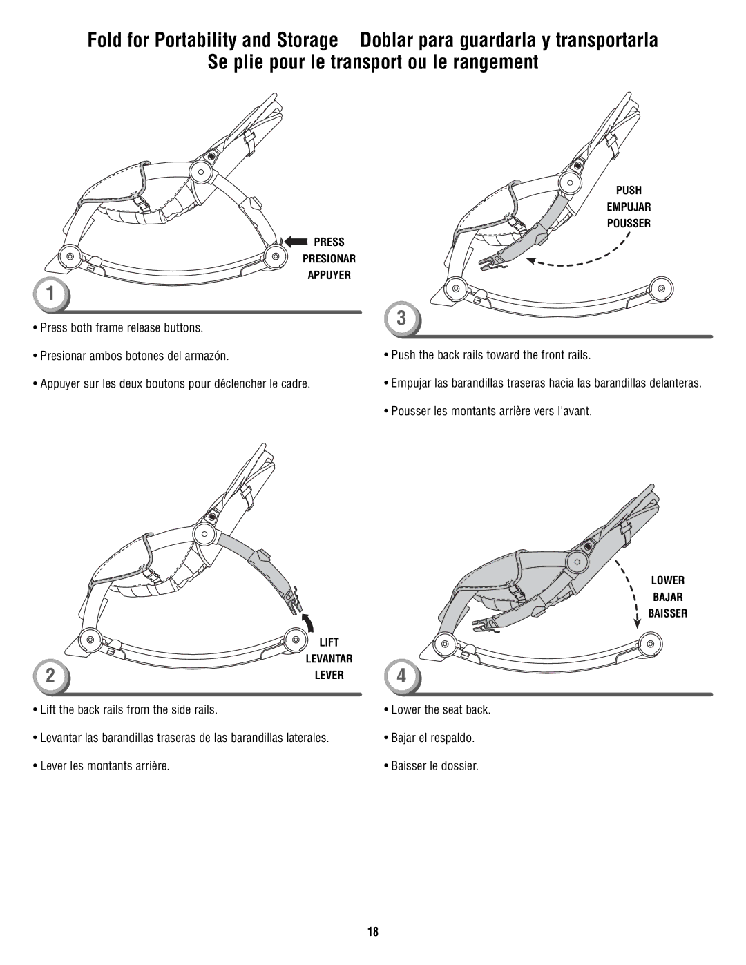 Fisher-Price T2518 manual Lower the seat back Bajar el respaldo Baisser le dossier 