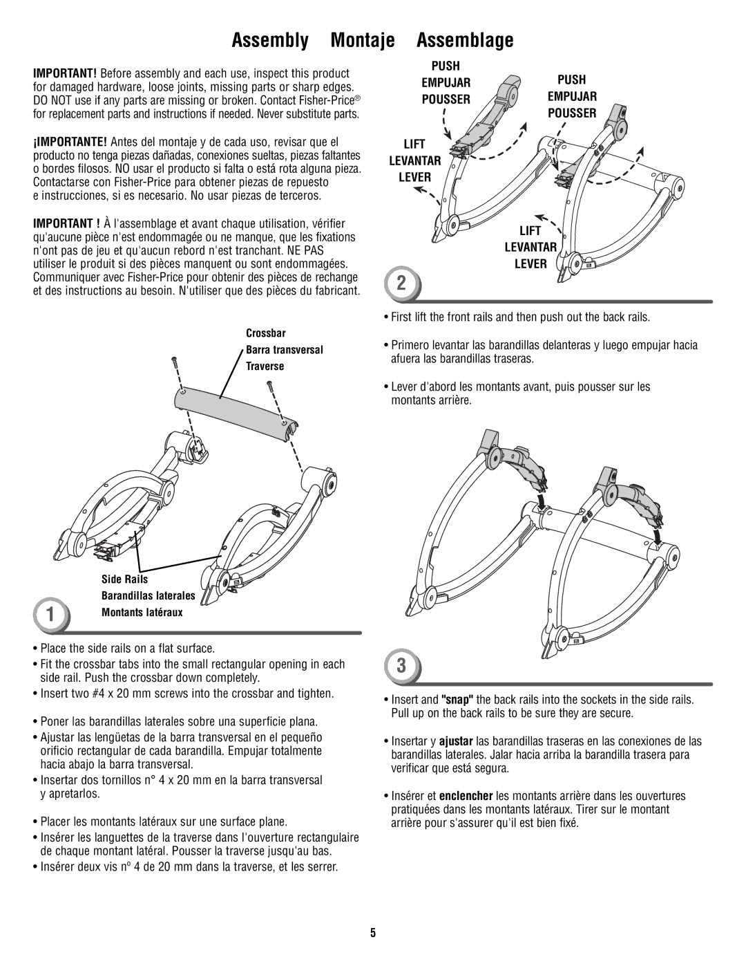 Fisher-Price T2518 manual Assembly Montaje Assemblage, Push Empujar Push Pousser Empujar, Lever Lift Levantar 