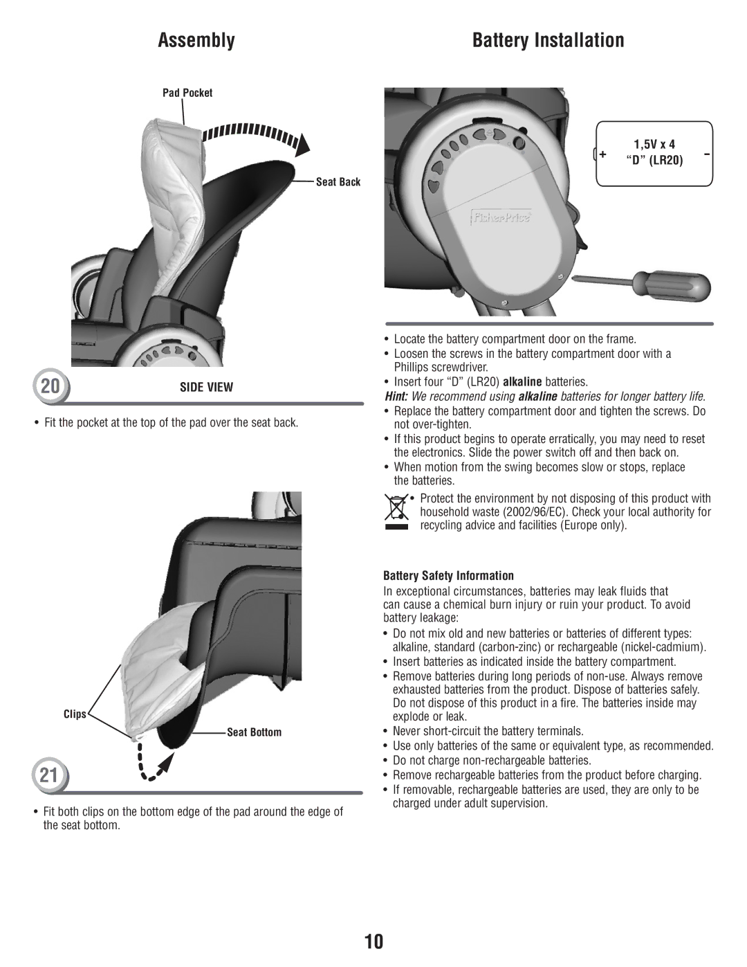 Fisher-Price T2684 manual 5V x LR20, Battery Safety Information 