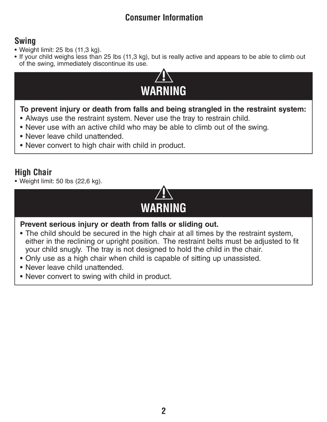 Fisher-Price T2684 manual Consumer Information Swing, Prevent serious injury or death from falls or sliding out 