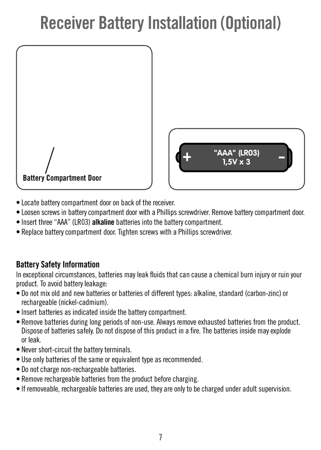 Fisher-Price T3640 manual Receiver Battery Installation Optional 