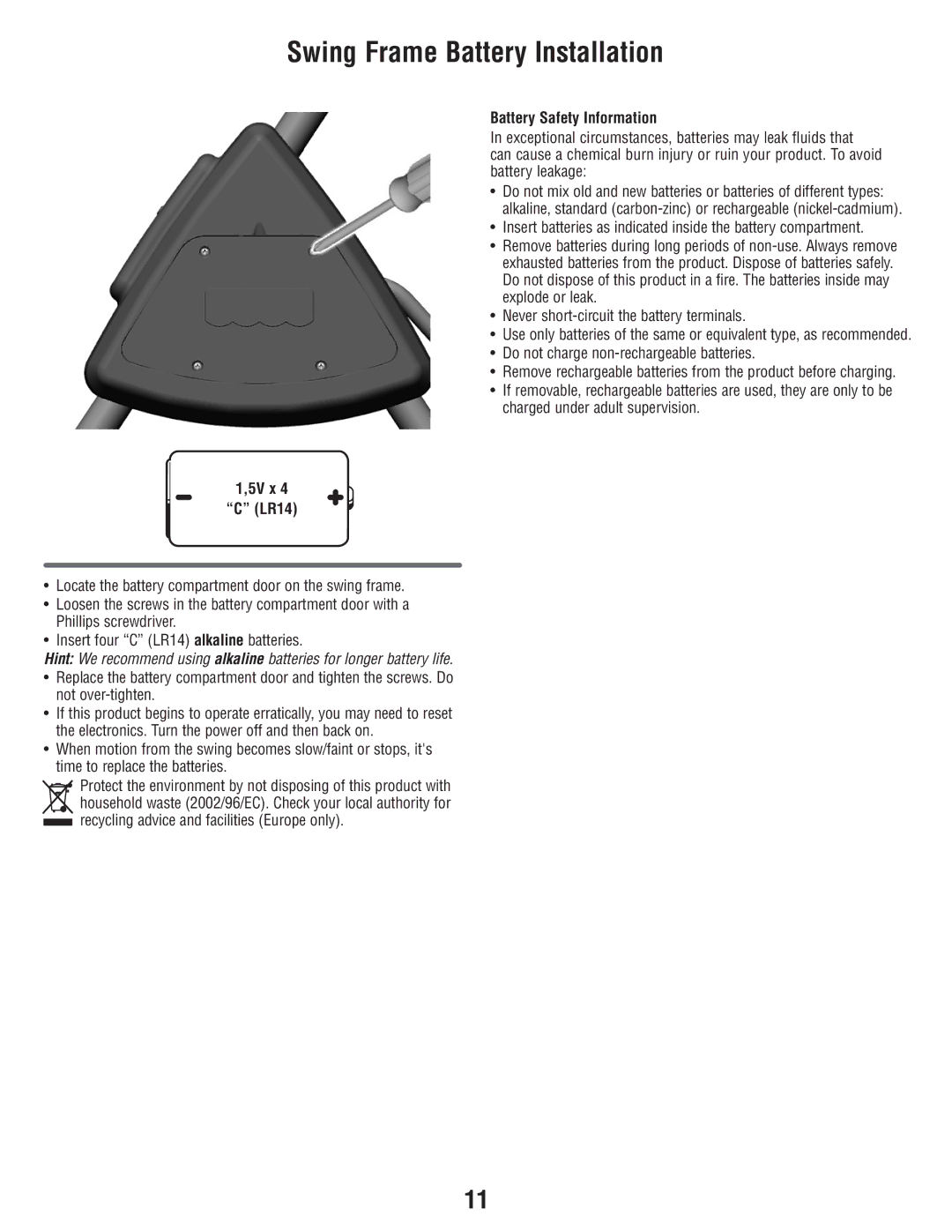 Fisher-Price T3643 manual Swing Frame Battery Installation, 5V x LR14, Battery Safety Information 