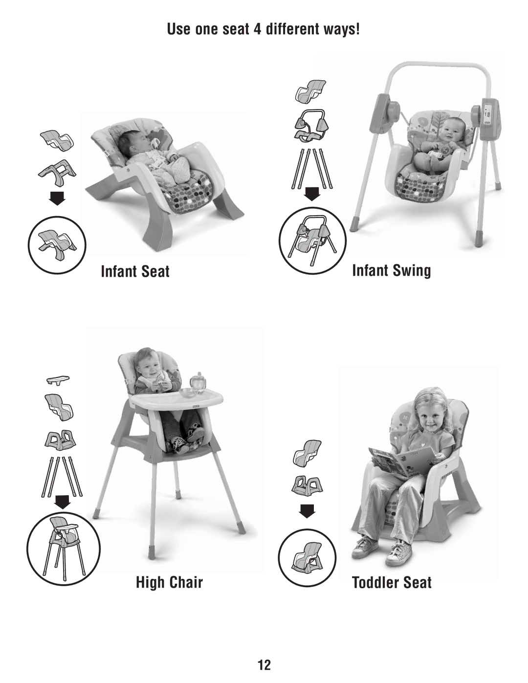 Fisher-Price T3643 manual Use one seat 4 different ways Infant Seat, High Chair 