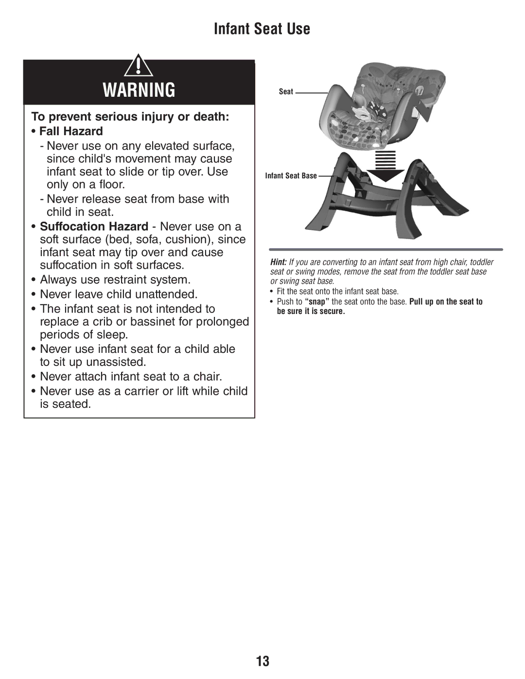 Fisher-Price T3643 manual Infant Seat Use 