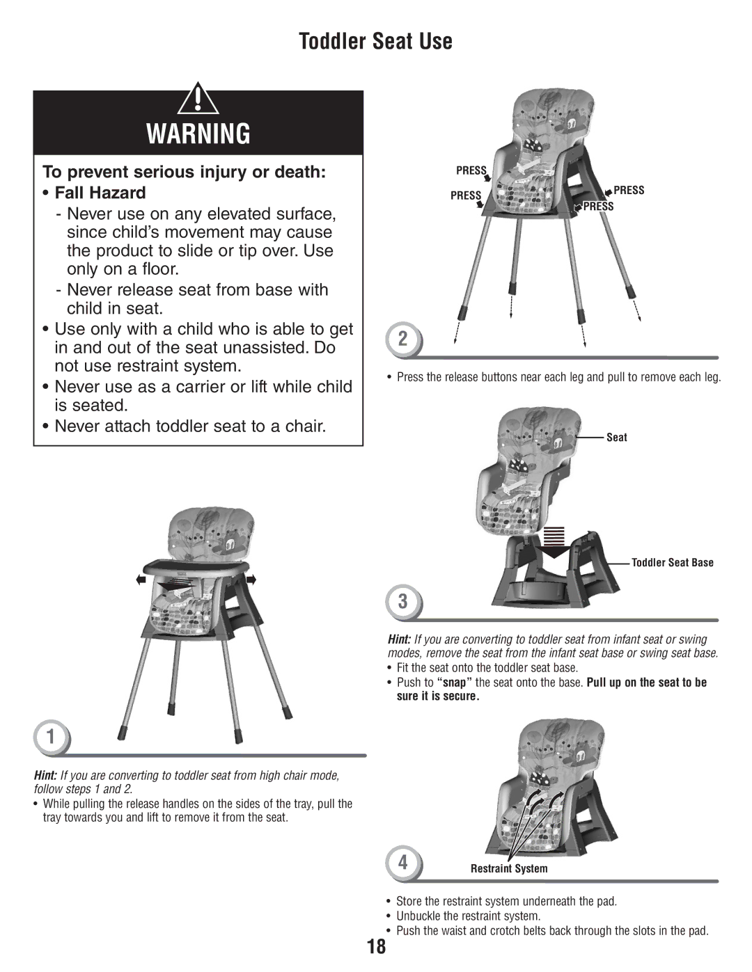 Fisher-Price T3643 manual Toddler Seat Use, Seat Toddler Seat Base 