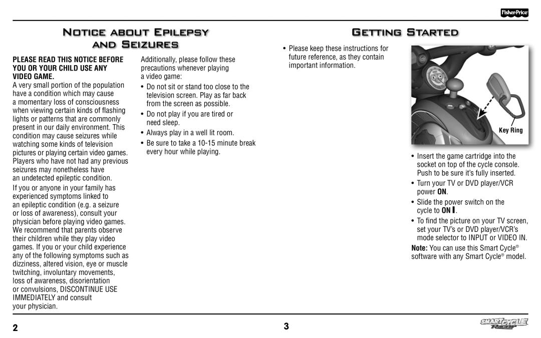 Fisher-Price T3856 manual Seizures Getting Started, Important information, Key Ring 