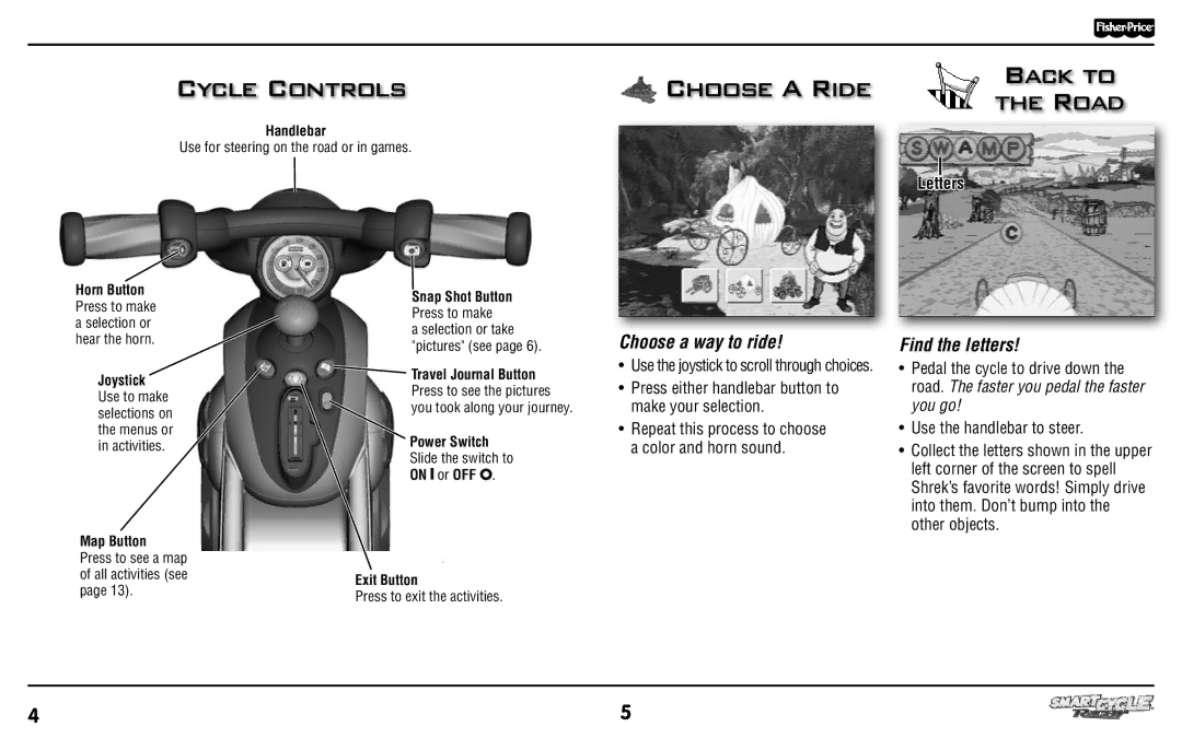 Fisher-Price T3856 manual Cycle Controls Choose a Ride Back to Road, Choose a way to ride, Find the letters, Letters 