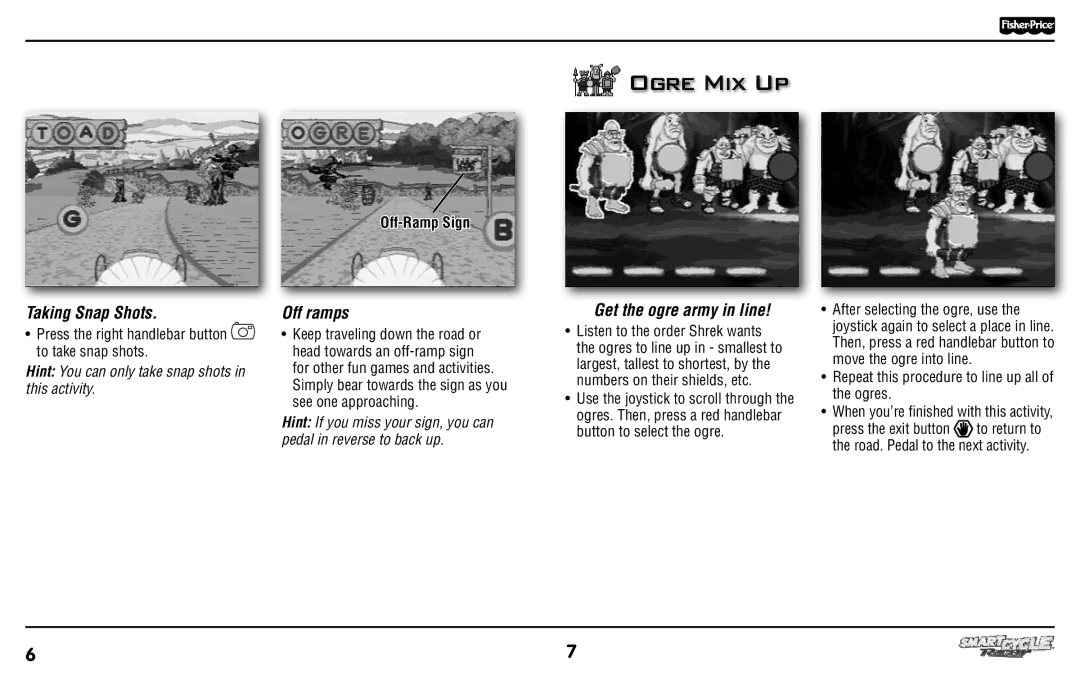 Fisher-Price T3856 manual Ogre Mix Up, Taking Snap Shots, Off ramps, Get the ogre army in line, Off-Ramp Sign 