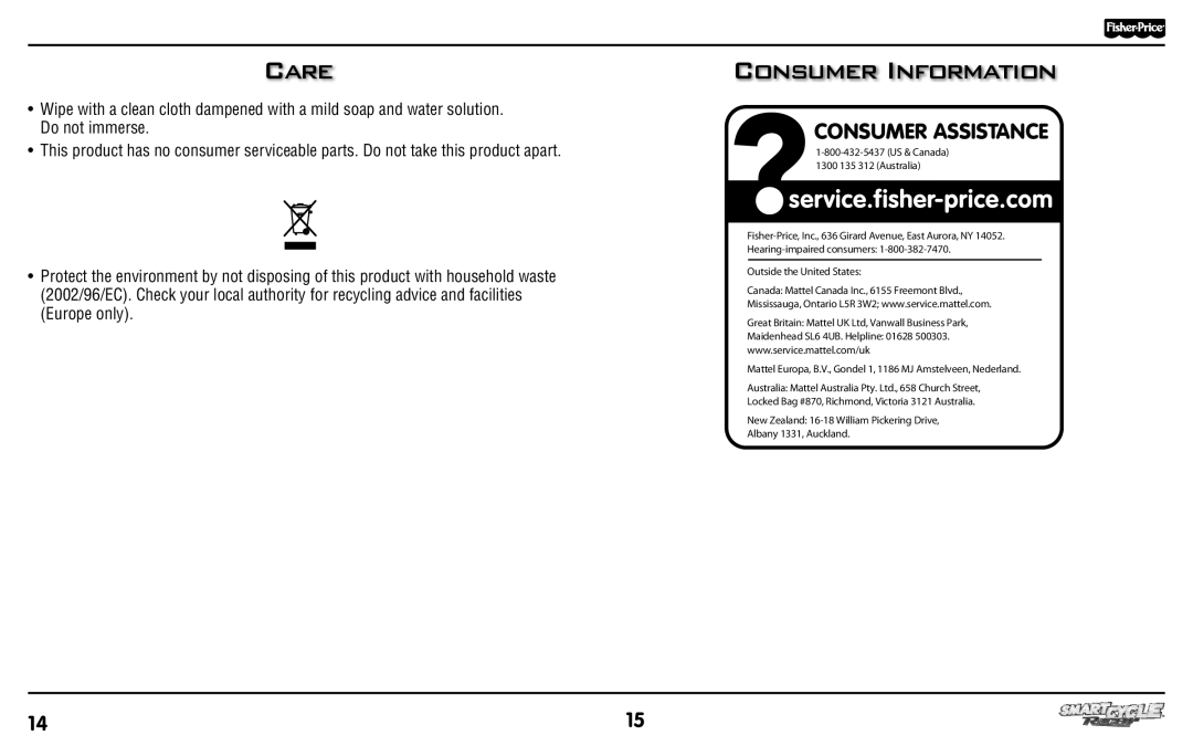 Fisher-Price T3856 manual Care, Consumer Information 