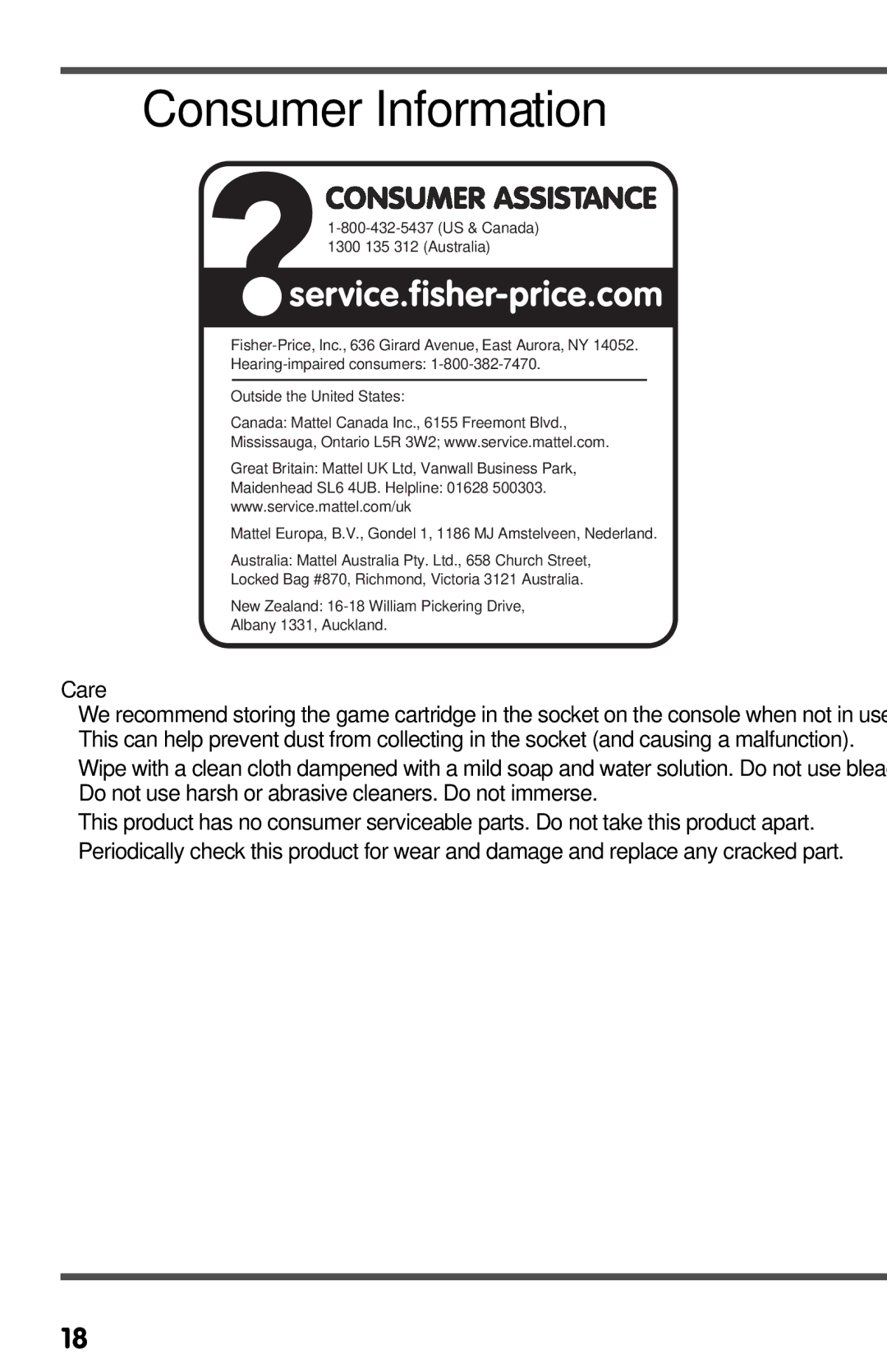 Fisher-Price T3857 owner manual Consumer Information, Care 