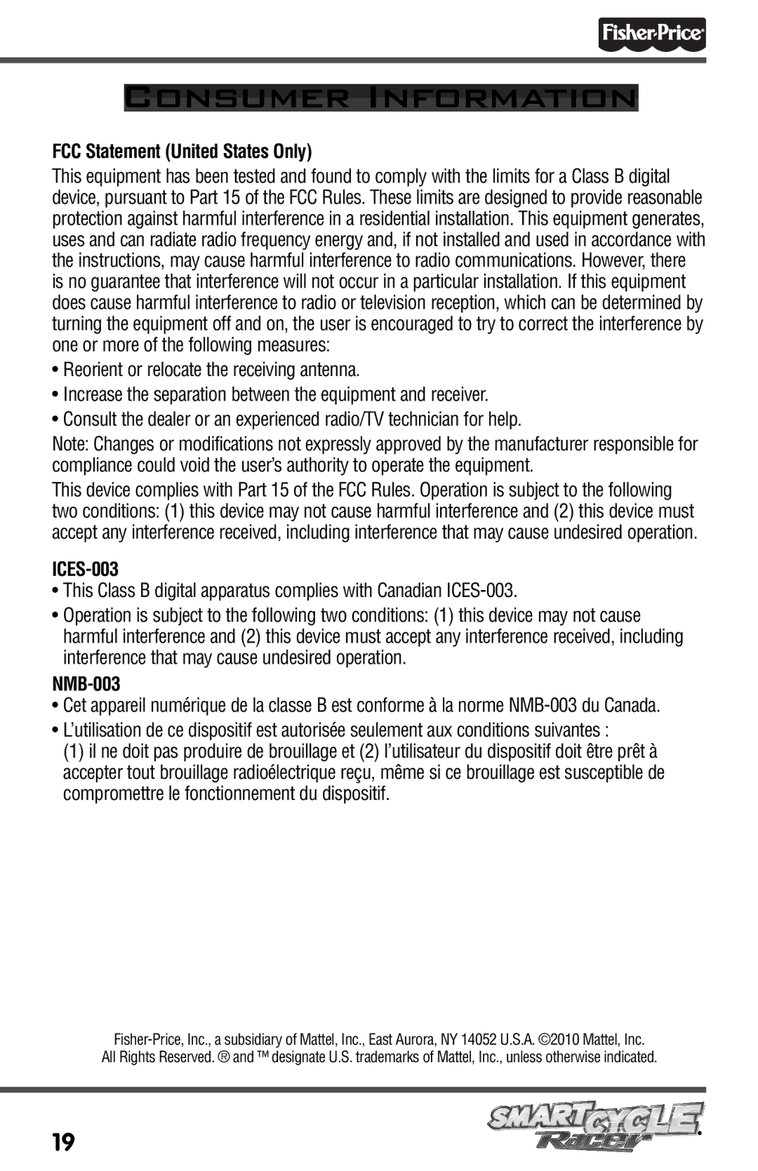 Fisher-Price T3857 owner manual FCC Statement United States Only, ICES-003, NMB-003 