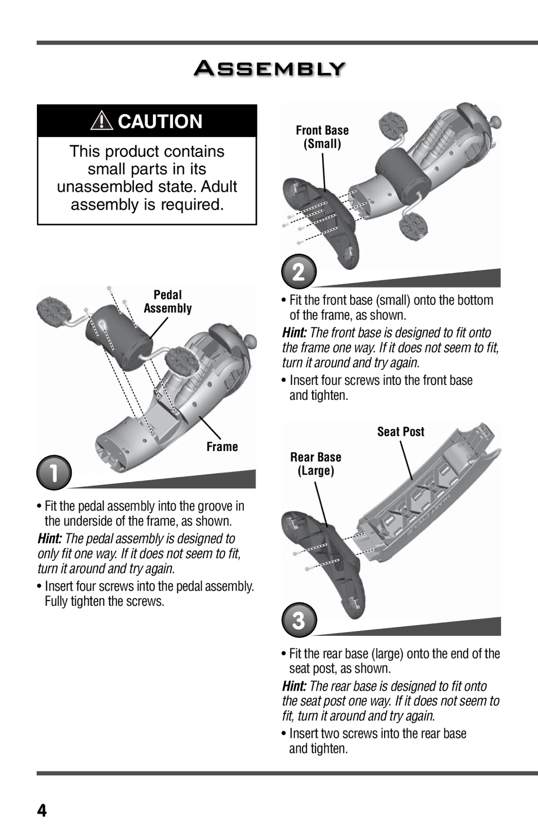 Fisher-Price T3857 owner manual Assembly, Insert four screws into the front base and tighten 