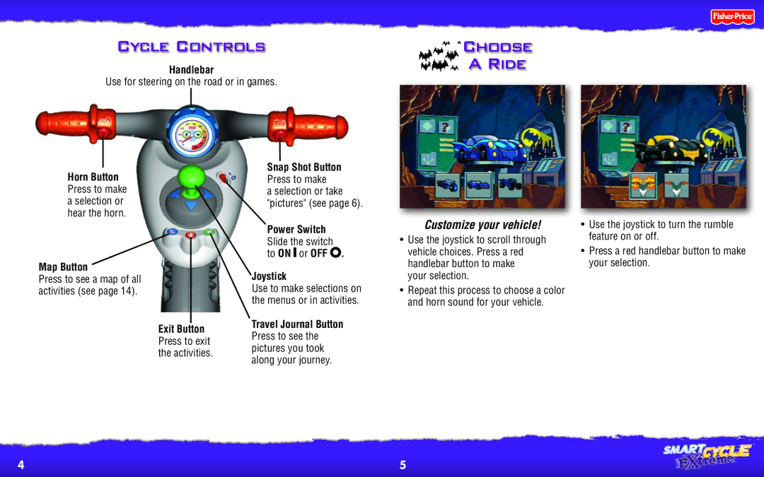 Fisher-Price T3902 manual Cycle Controls, Ride, Choose, Customize your vehicle 