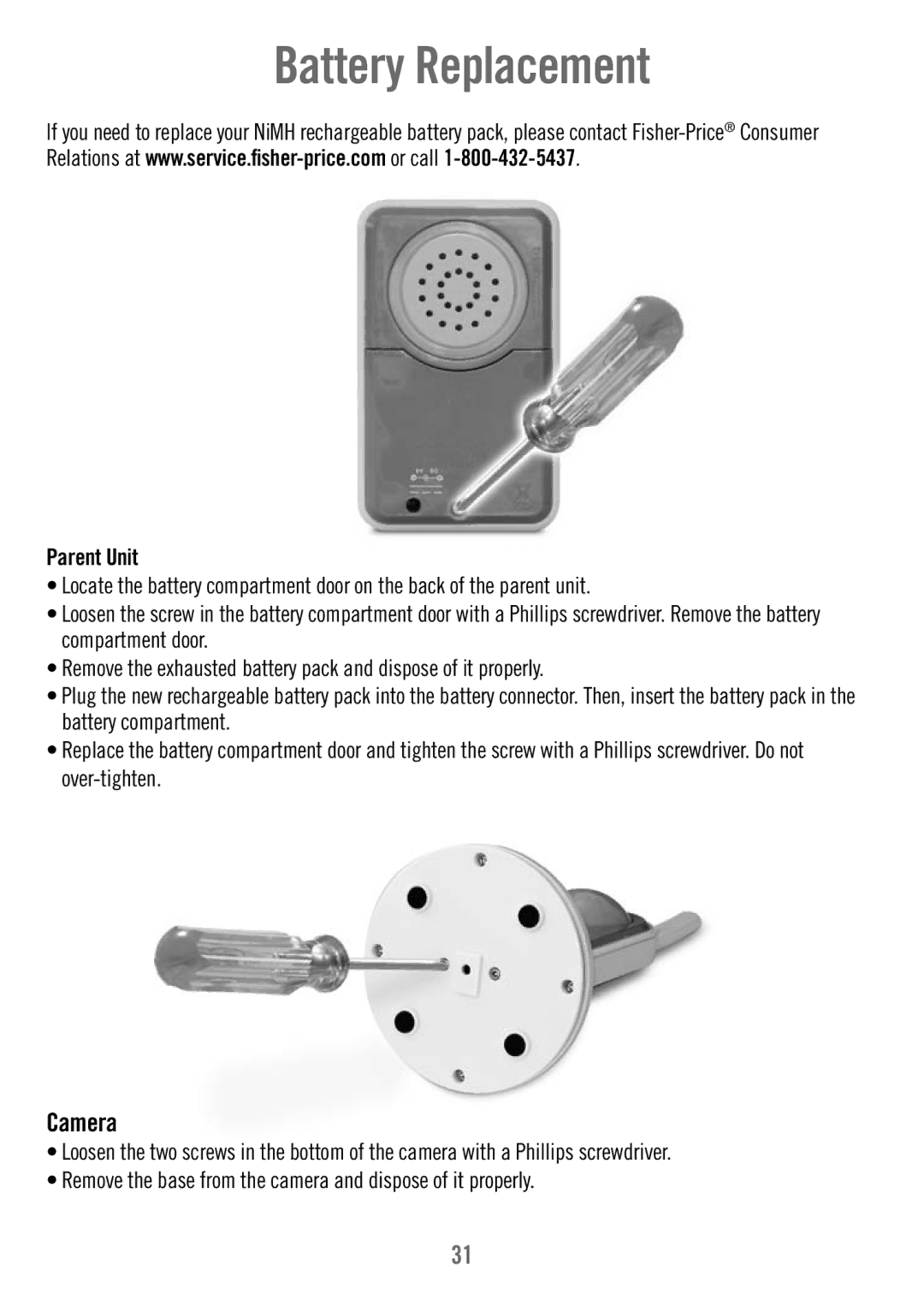 Fisher-Price T4256 manual Battery Replacement, Camera 