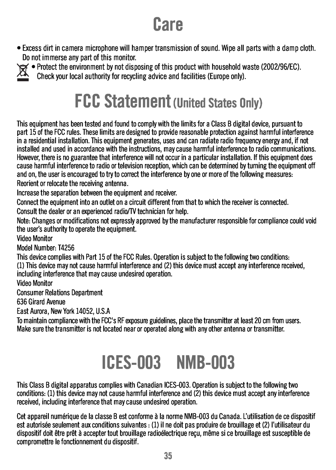 Fisher-Price T4256 manual Care, ICES-003 NMB-003, FCC Statement United States Only 