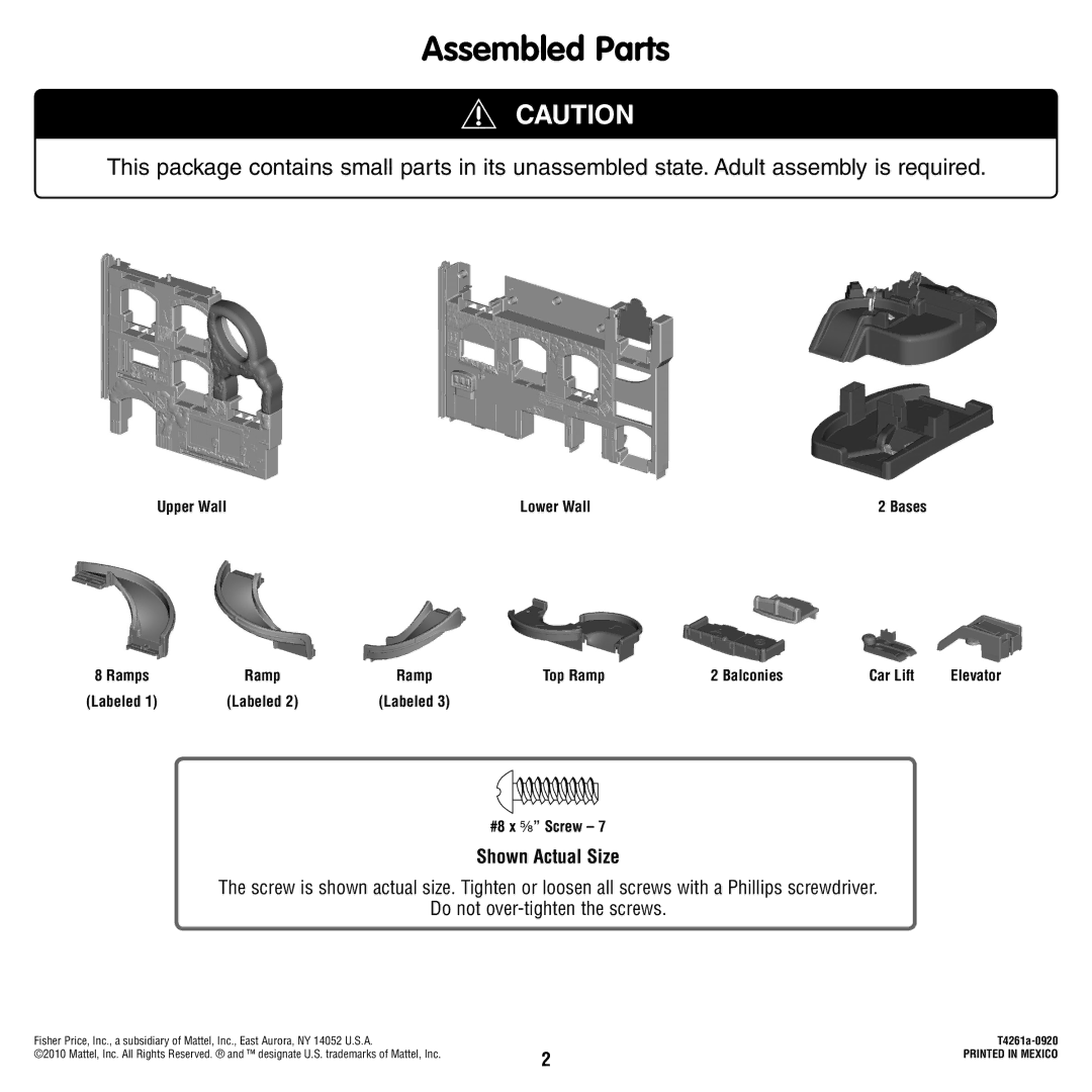 Fisher-Price T4261 instruction sheet Assembled Parts, Shown Actual Size 