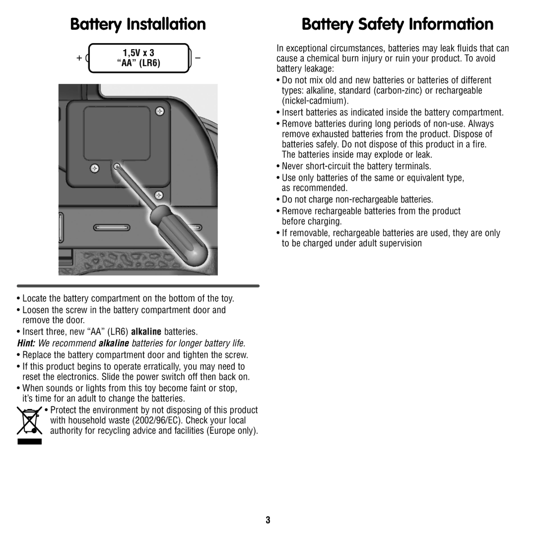 Fisher-Price T4261 instruction sheet Battery Installation, Battery Safety Information, 5V x AA LR6 