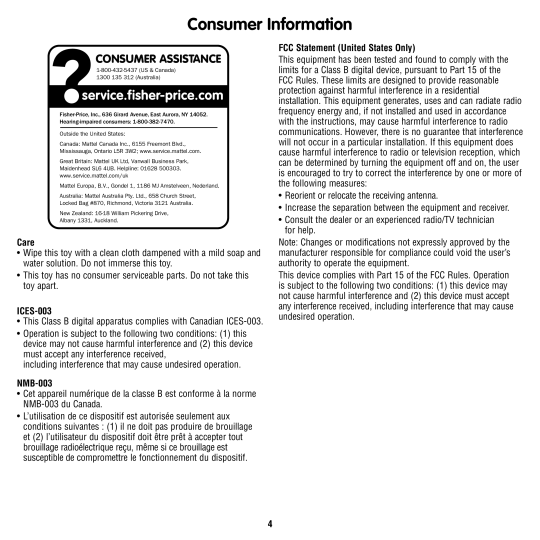 Fisher-Price T4261 instruction sheet Consumer Information, Care, ICES-003, NMB-003, FCC Statement United States Only 