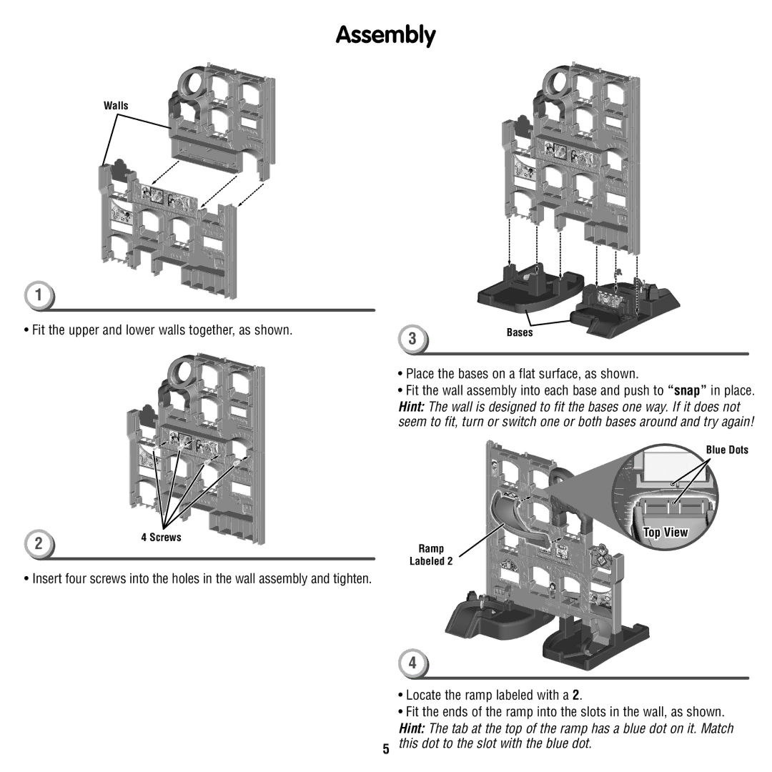 Fisher-Price T4261 Assembly, Fit the upper and lower walls together, as shown, Place the bases on a flat surface, as shown 