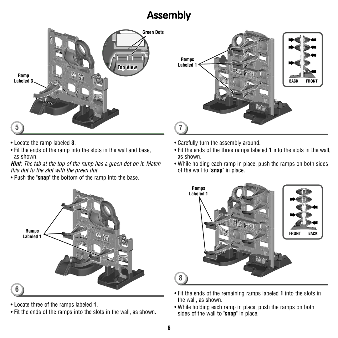 Fisher-Price T4261 instruction sheet Push the snap the bottom of the ramp into the base 